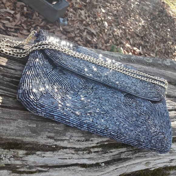 Sequin Purse Gunmetal Silver Micro Metallic Beads Softback Clutch Vintage Mini - Picture 15 of 16